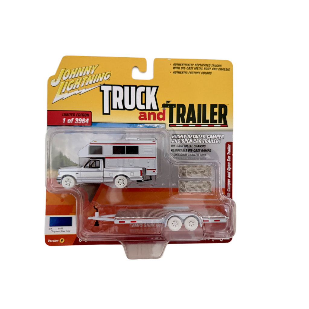 Johnny Lightning Truck and Trailer 1993 Ford F-150 with Cam[er and Open Car Trailer White Lightning